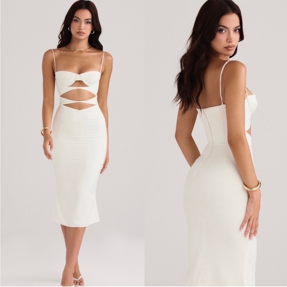 House of CB Dresses & Skirts - House of CB Amalia Ivory Satin Corset Cutout Midi Dress